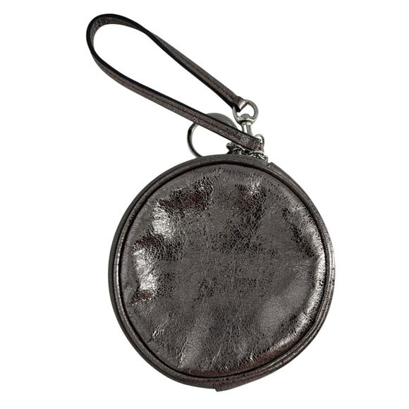 Coach Round Leather Coin Purse Wristlet Silver Metallic Designer - Picture 3 of 9